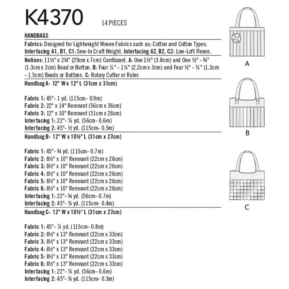 Kwik Sew‎ Sewing Pattern 4370 Handbags Totes Purses